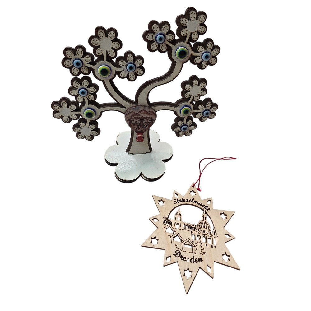 Kapadokya Evil Eye Wooden Tree & Dresden Striezelmarkt Star Ornament Souvenir A6